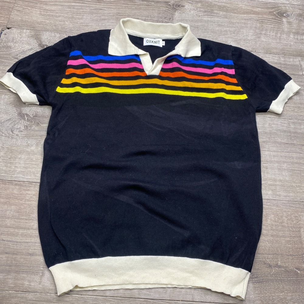 Oxknit Mens XL Cotton Knit Polo Shirt Black Rainbow Striped Short Sleeve Retro